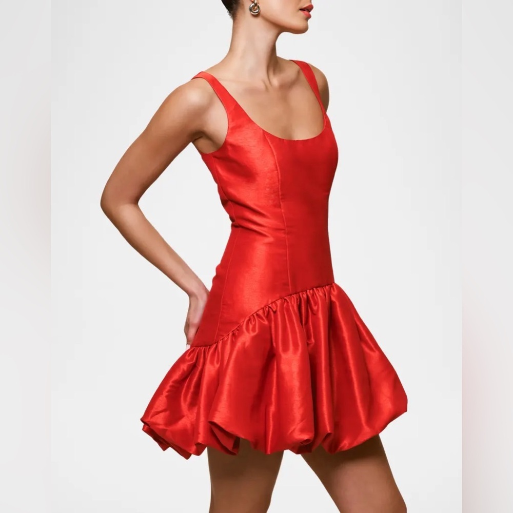 NEW Hutch Lowry Drop-Waist Bubble Mini Dress Red Satin Size Large Cherry Red